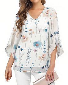 Kristine Women's Summer Blouse – Floral V-Neck, 3/4 Ruffle Sleeves, Plus Size