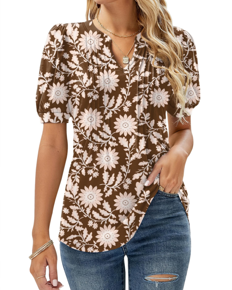 Nina Women's Summer Blouse – Floral V-Neck, Puff Sleeves & Flowing Fit