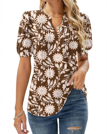 Nina Women's Summer Blouse – Floral V-Neck, Puff Sleeves & Flowing Fit