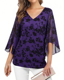 Kristine Women's Summer Blouse – Floral V-Neck, 3/4 Ruffle Sleeves, Plus Size