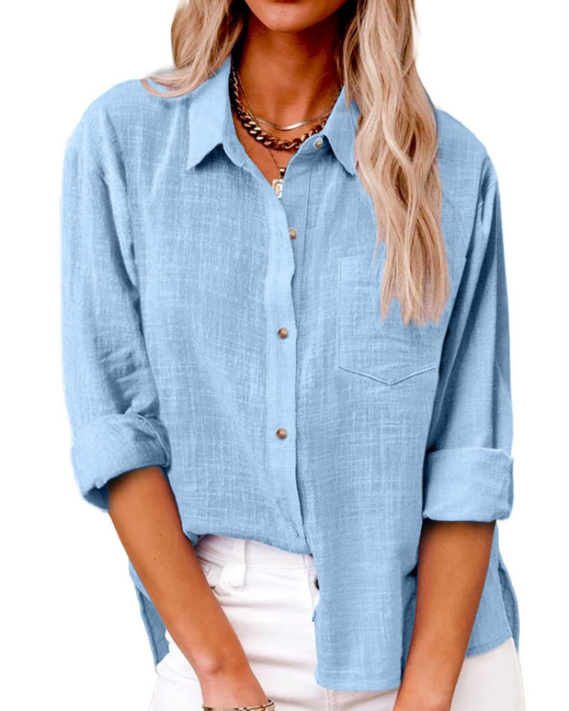 Olivia Women's Blouse – Cotton Linen V-Neck Buttoned Long Sleeves