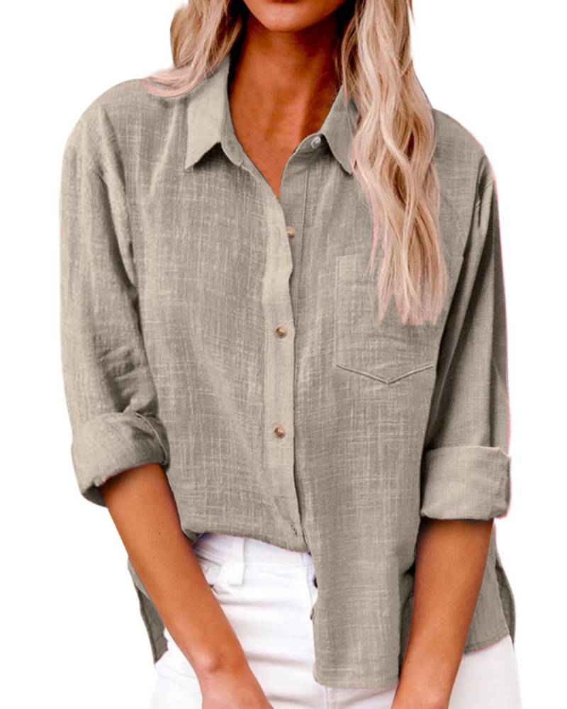 Olivia Women's Blouse – Cotton Linen V-Neck Buttoned Long Sleeves