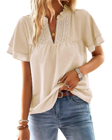 Jiana Women's Summer Blouse – V-Neck Crochet Lace & Ruffled Sleeves