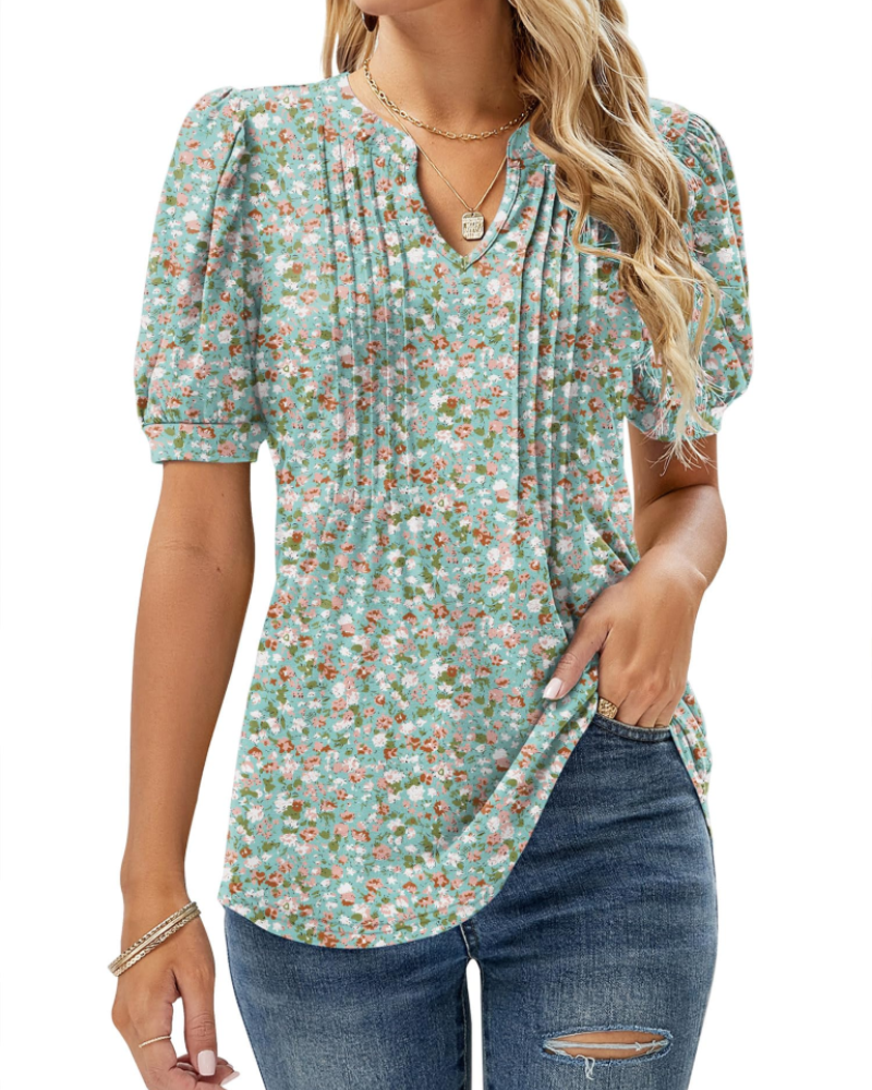 Nina Women's Summer Blouse – Floral V-Neck, Puff Sleeves & Flowing Fit