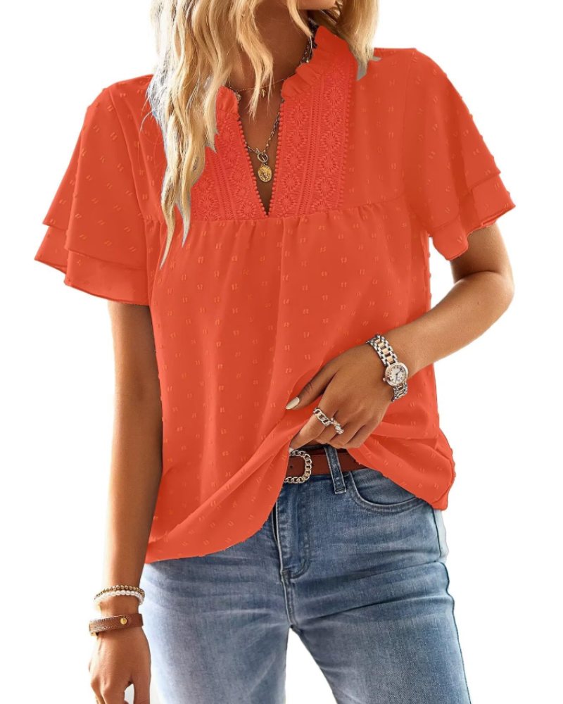 Jiana Women's Summer Blouse – V-Neck Crochet Lace & Ruffled Sleeves