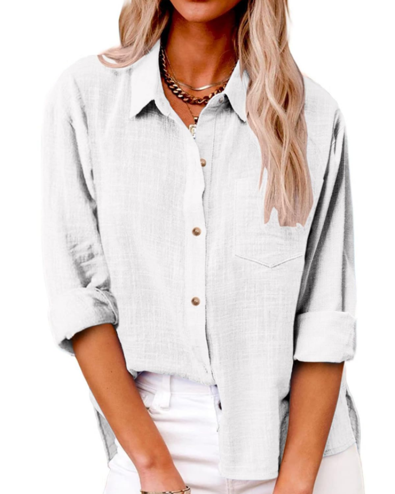 Olivia Women's Blouse – Cotton Linen V-Neck Buttoned Long Sleeves