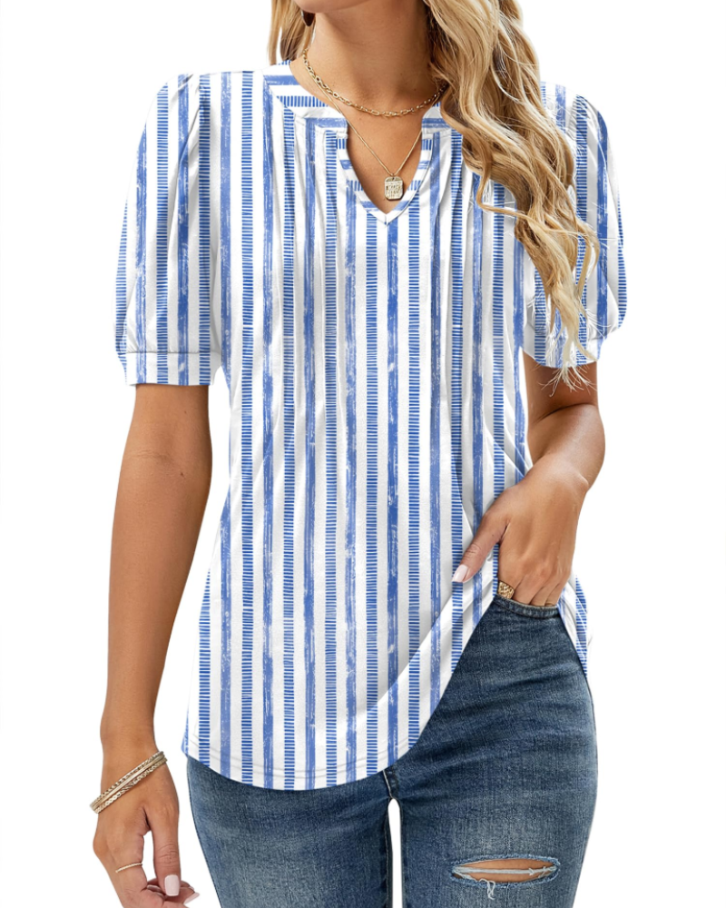 Nina Women's Summer Blouse – Floral V-Neck, Puff Sleeves & Flowing Fit