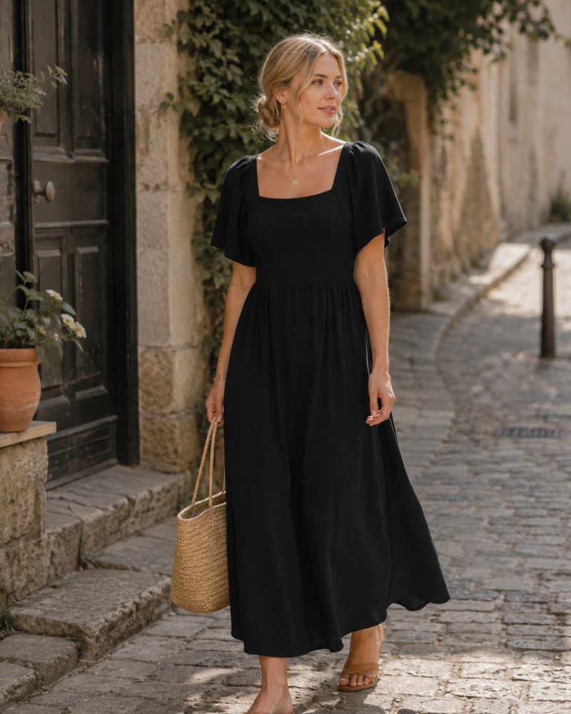 Patricia Women's Maxi Dress – Square Neck, Flowing A-Line Cut, Summer Batwing Sleeves