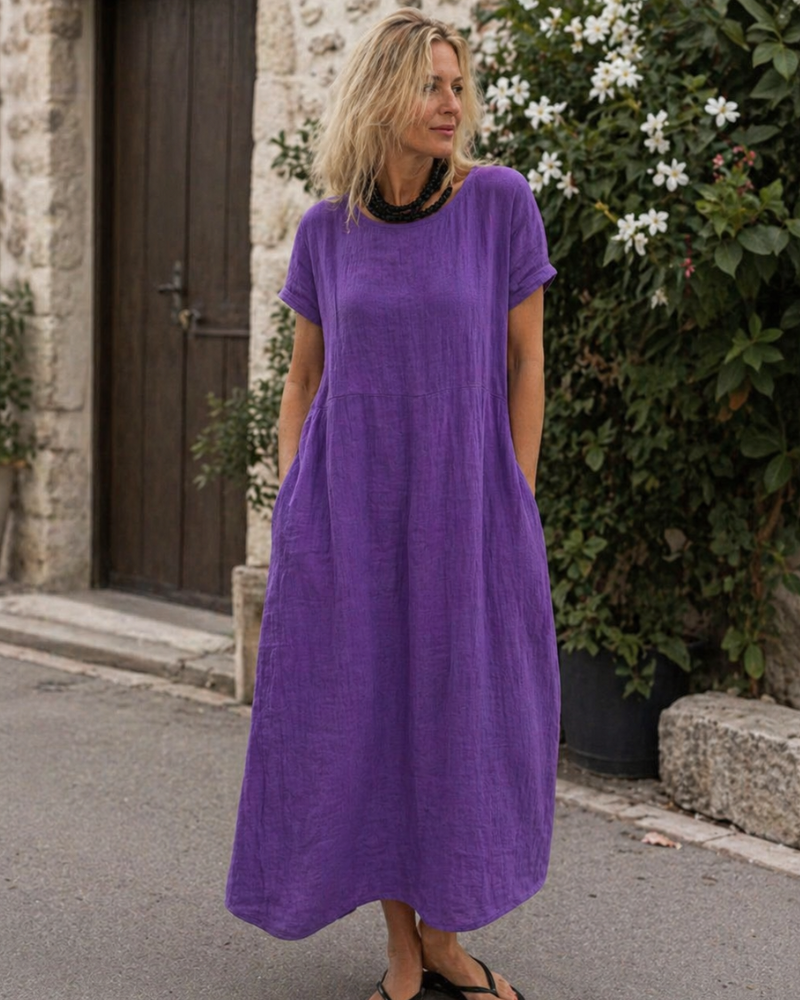 Reich Summer Dress for Women – Long Cotton Linen Dress, Short Sleeves & Casual Style