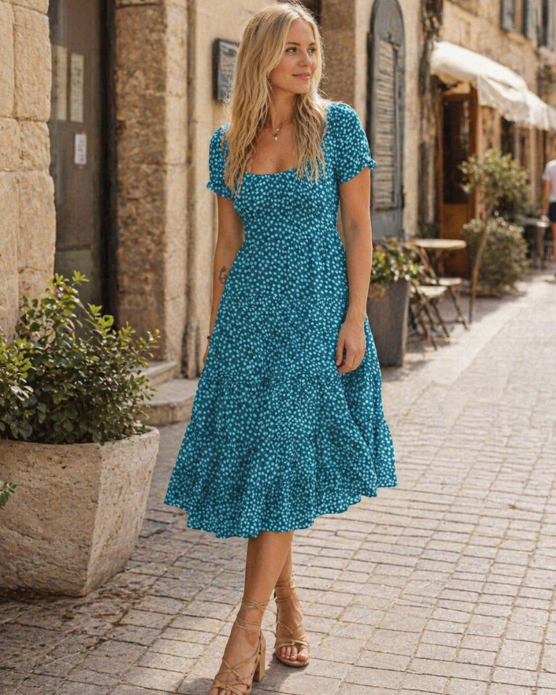 Agnes Women's Beach Dress – Floral Dress with Square Neck, Short Sleeves & Summer Style