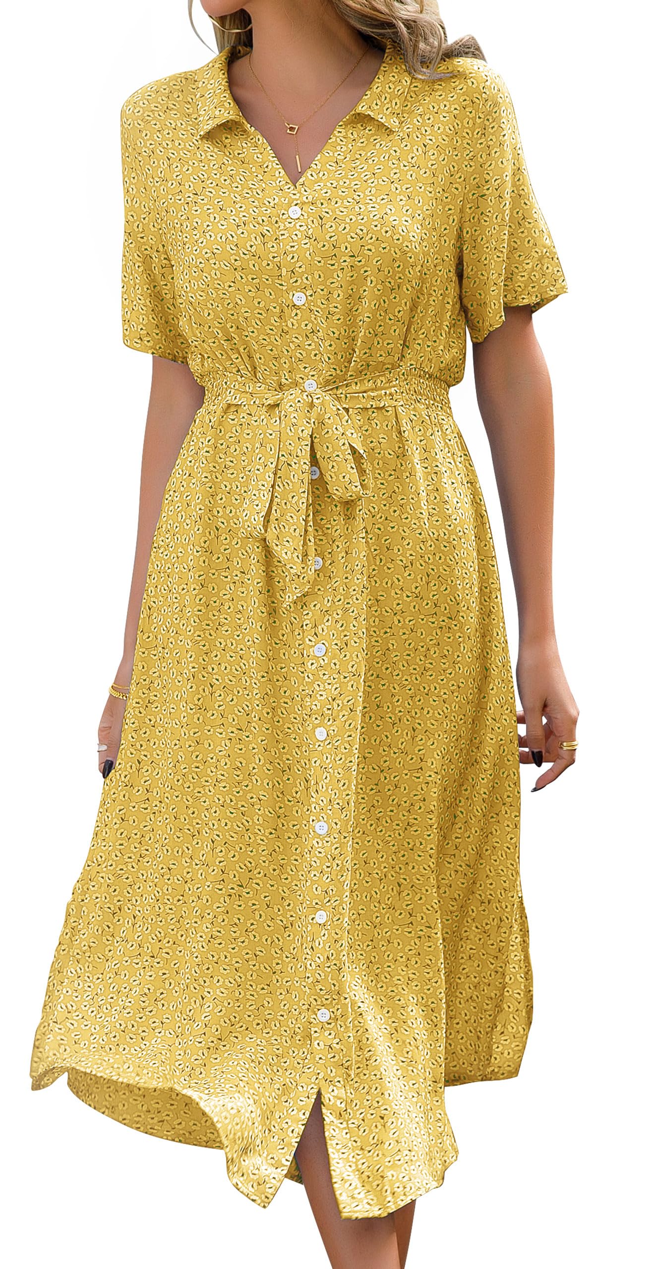 Roselle Women's Dress – V-Neck Floral, Midi Cut with Belt & Elegant Summer Slit