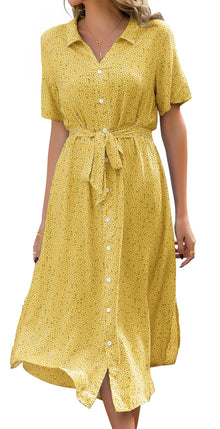 Roselle Women's Dress – V-Neck Floral, Midi Cut with Belt & Elegant Summer Slit