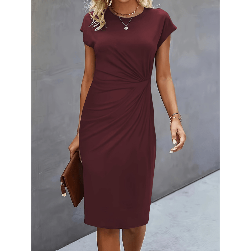 Zdenka Midi Dress Women Looksy – Side Draped, Short Sleeves & Classic Round Neck