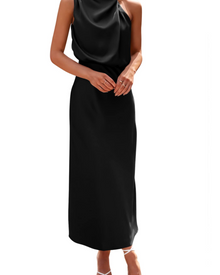 Zena Women's Dress – Satin Maxi Dress with High Neck, Elegant Flowing Evening Cut