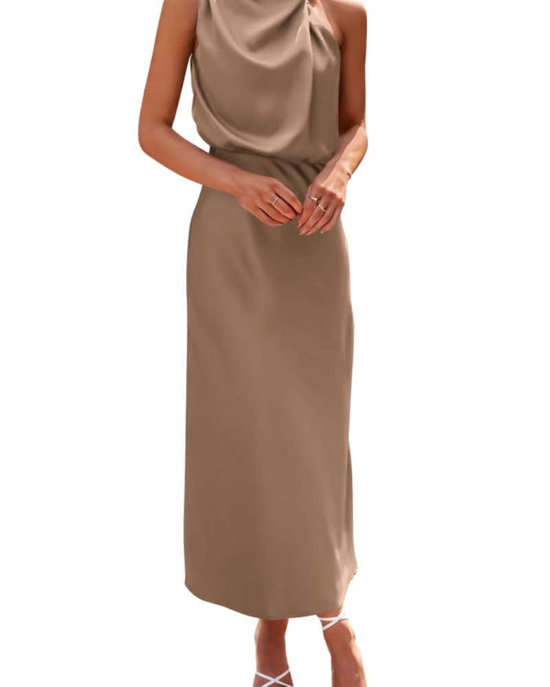 Zena Women's Dress – Satin Maxi Dress with High Neck, Elegant Flowing Evening Cut