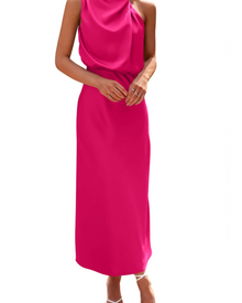 Zena Women's Dress – Satin Maxi Dress with High Neck, Elegant Flowing Evening Cut