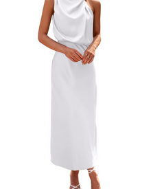 Zena Women's Dress – Satin Maxi Dress with High Neck, Elegant Flowing Evening Cut