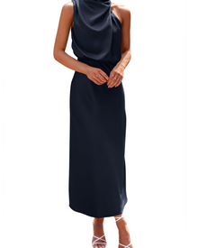 Zena Women's Dress – Satin Maxi Dress with High Neck, Elegant Flowing Evening Cut