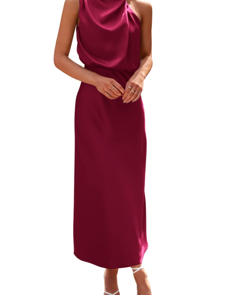 Zena Women's Dress – Satin Maxi Dress with High Neck, Elegant Flowing Evening Cut