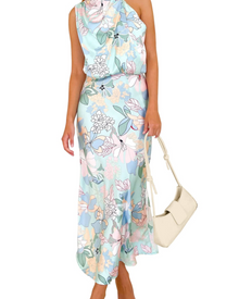 Zena Women's Dress – Satin Maxi Dress with High Neck, Elegant Flowing Evening Cut