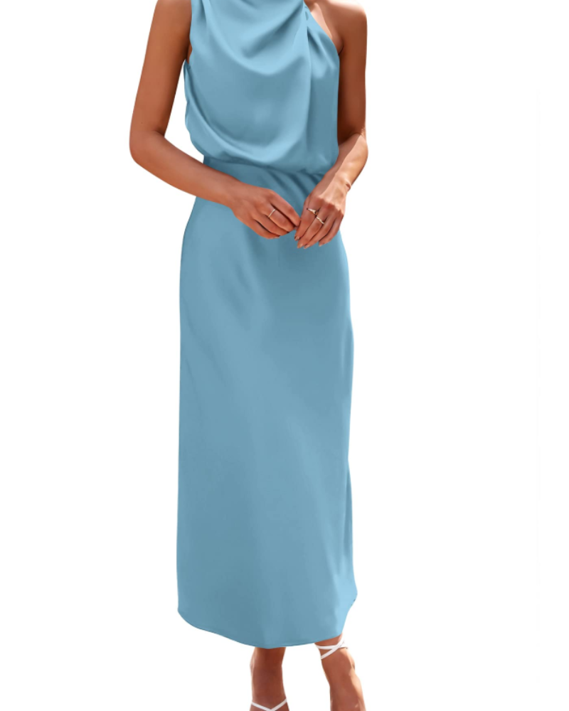 Zena Women's Dress – Satin Maxi Dress with High Neck, Elegant Flowing Evening Cut