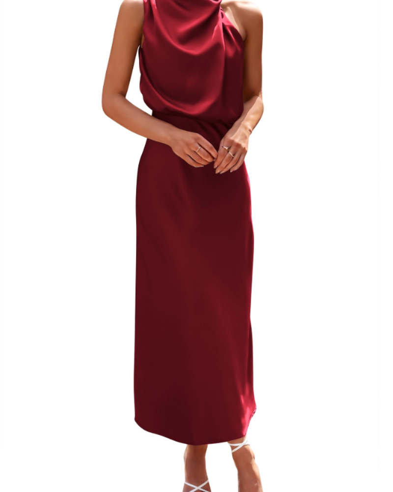 Zena Women's Dress – Satin Maxi Dress with High Neck, Elegant Flowing Evening Cut