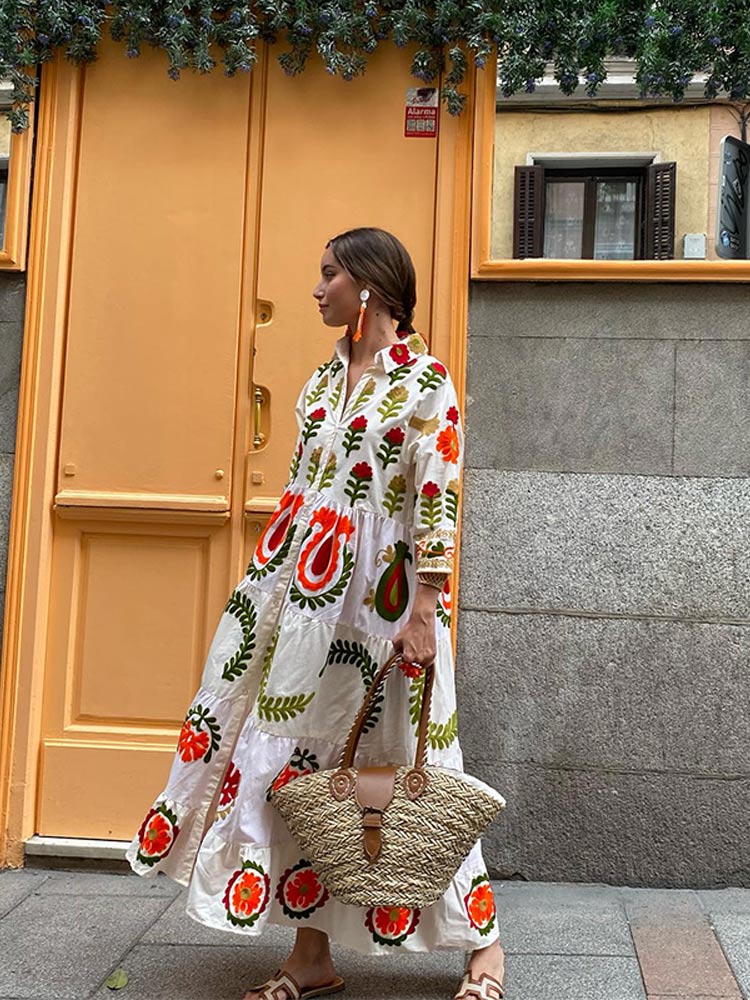 Celia Maxi Dress Woman – Long Cotton Dress with Bohemian Embroidery & Colorful Details