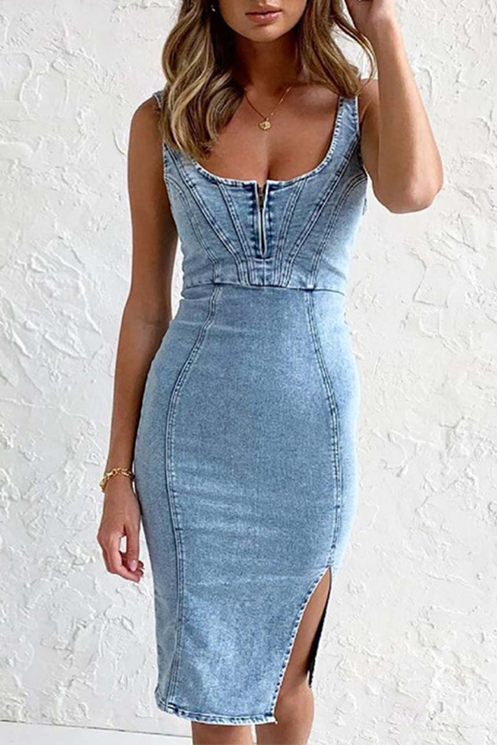 Jean Dress Woman Reah – Midi Denim Dress with Zipper Closure, Slit & Trendy Finish