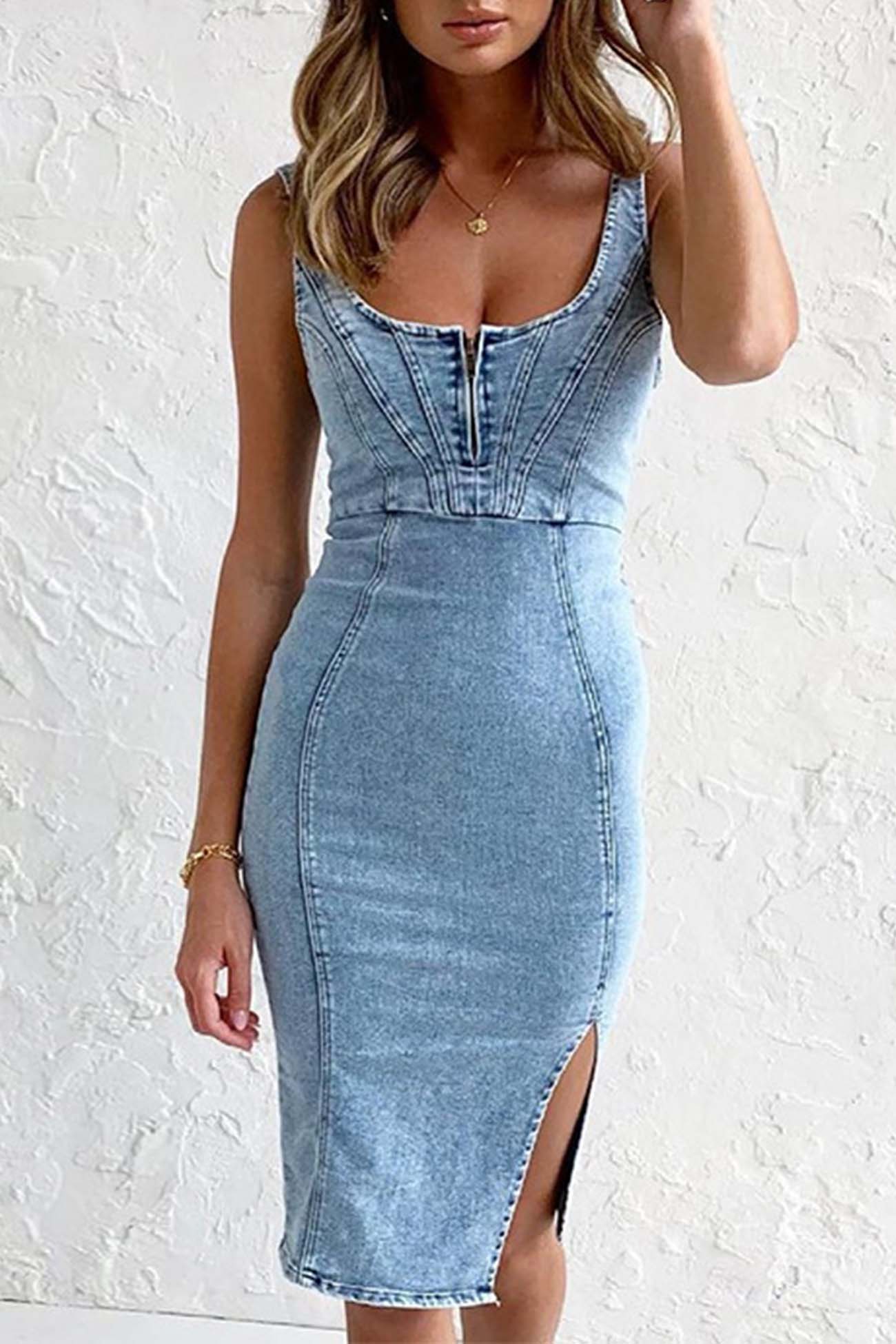 Jean Dress Woman Reah – Midi Denim Dress with Zipper Closure, Slit & Trendy Finish