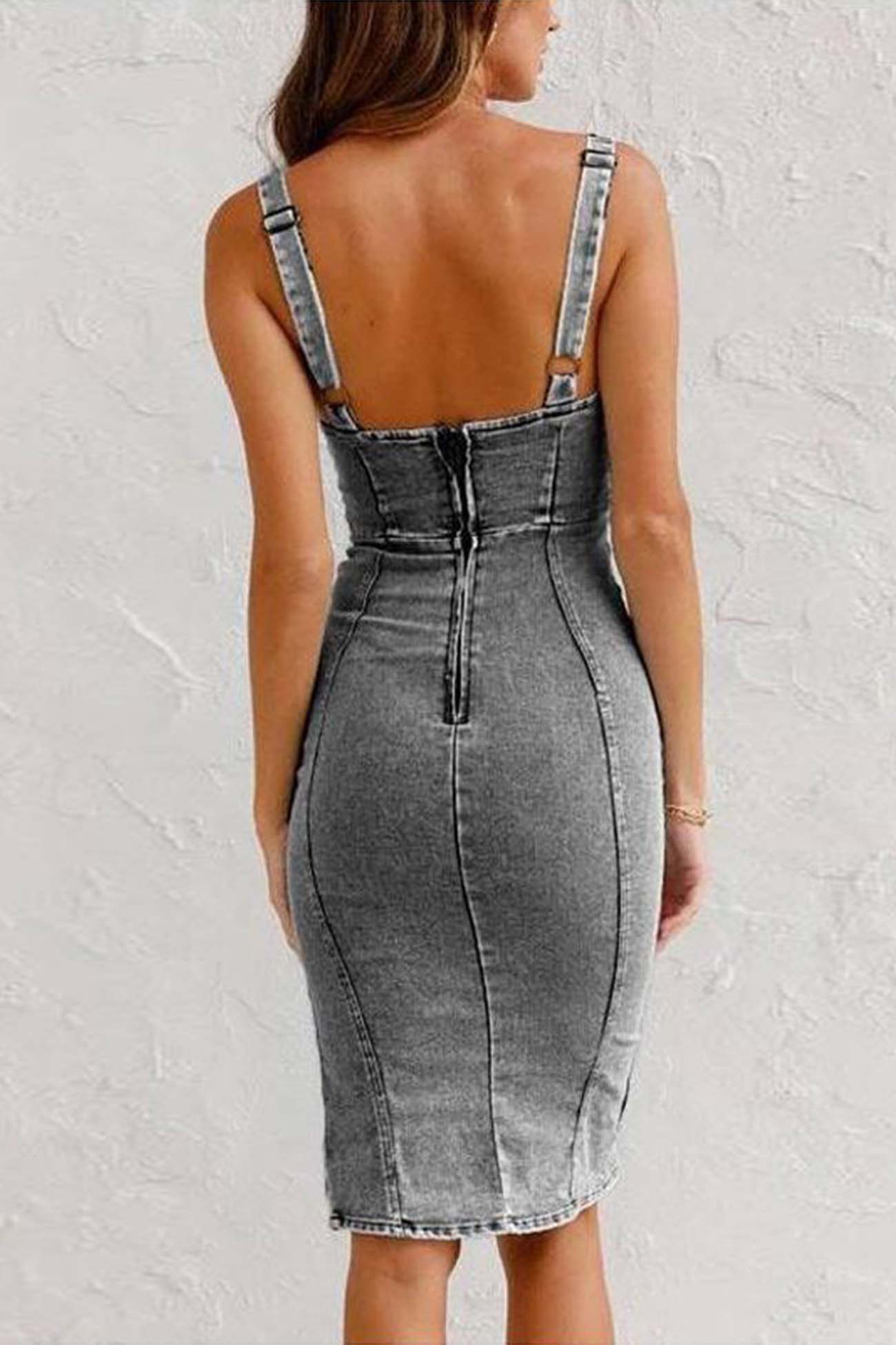 Jean Dress Woman Reah – Midi Denim Dress with Zipper Closure, Slit & Trendy Finish
