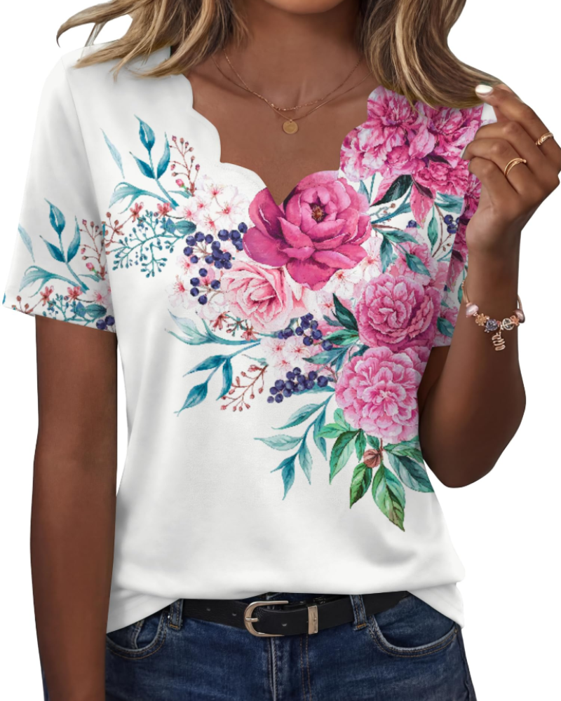 Ziva Women's Top – Wavy V-Neck Blouse, Elegant Flowing Fit & Casual Chic Style