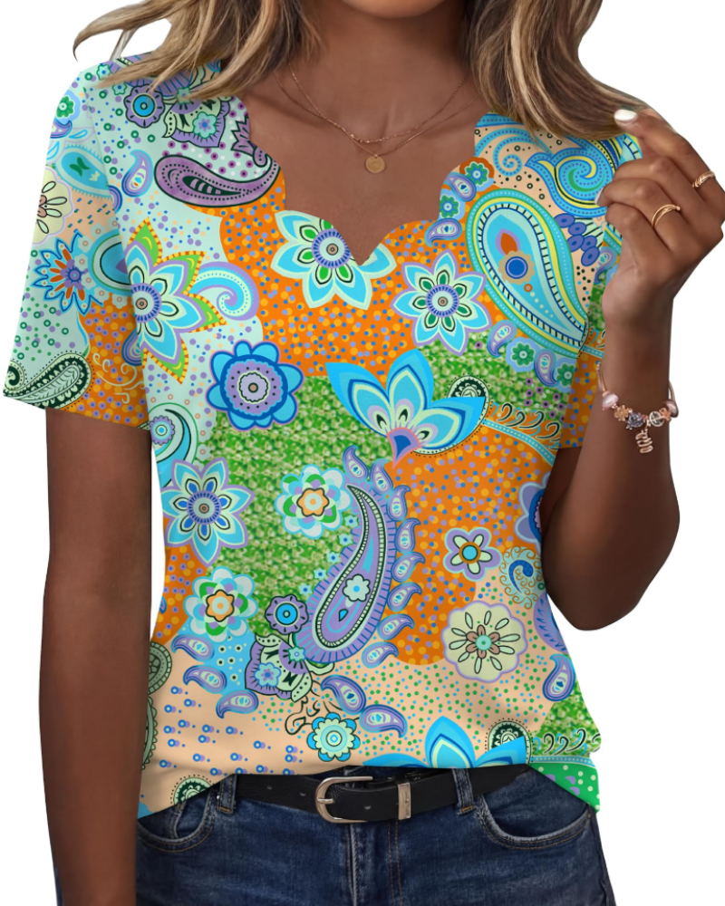 Ziva Women's Top – Wavy V-Neck Blouse, Elegant Flowing Fit & Casual Chic Style