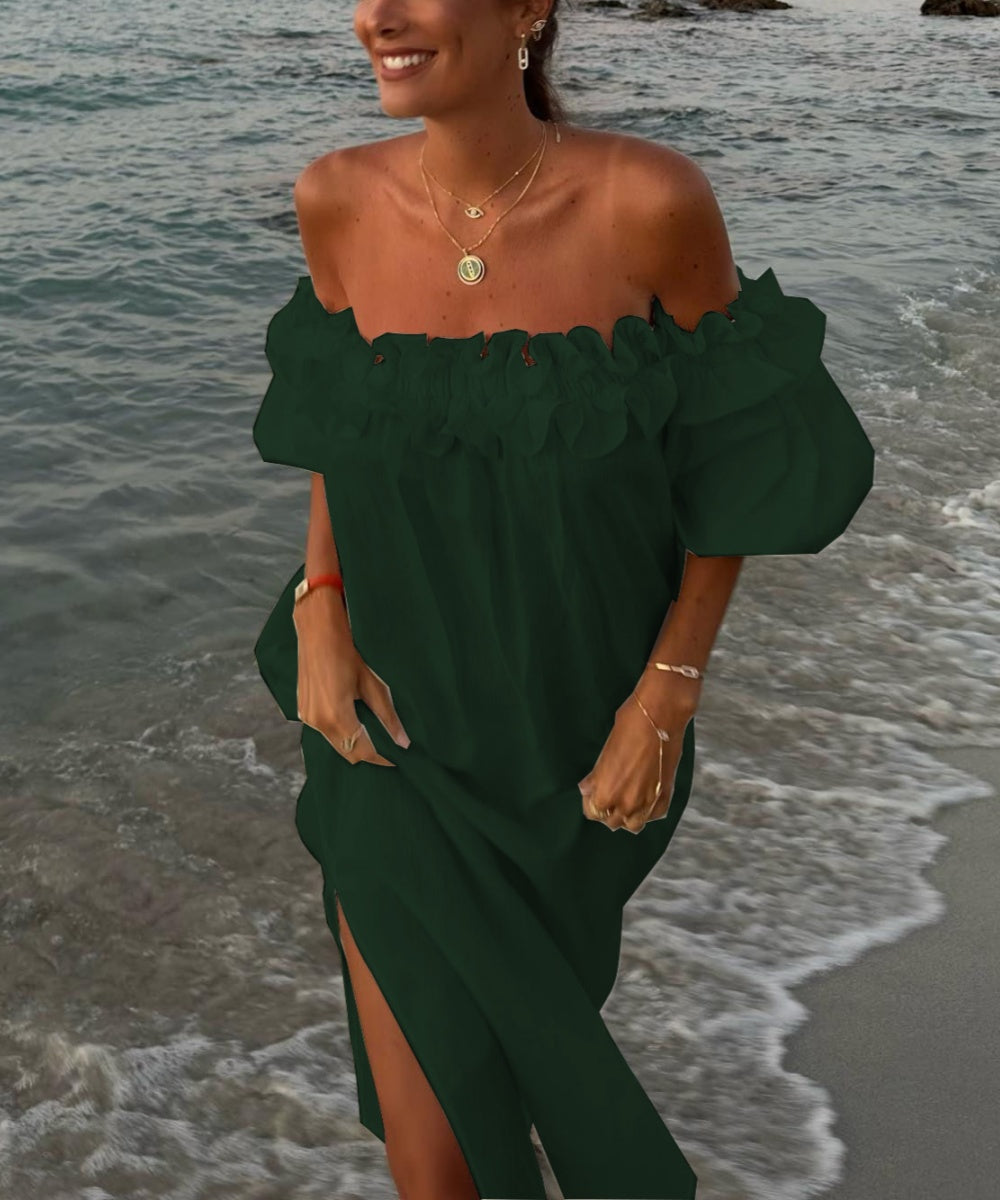 Valentina Maxi Dress Woman – Boho Dress Off-Shoulder Cotton with Ruffles & Bardot Neckline