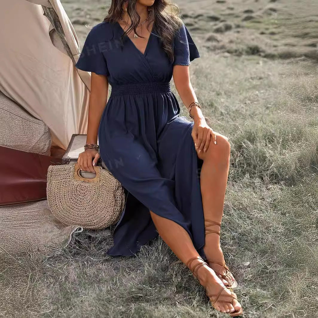 Vanessa Robe Maxi Woman – Long Black Dress with Smocked Waist & Elegant and Flowing Cut