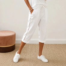 Loravie – Eyelet Trim Cotton-Linen-like Capri Pants with Drawstring Waist