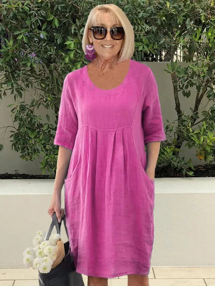 Dorothy Robe Femme – Solid Cotton-Linen Midi Tunic with Practical Pockets & Casual Style