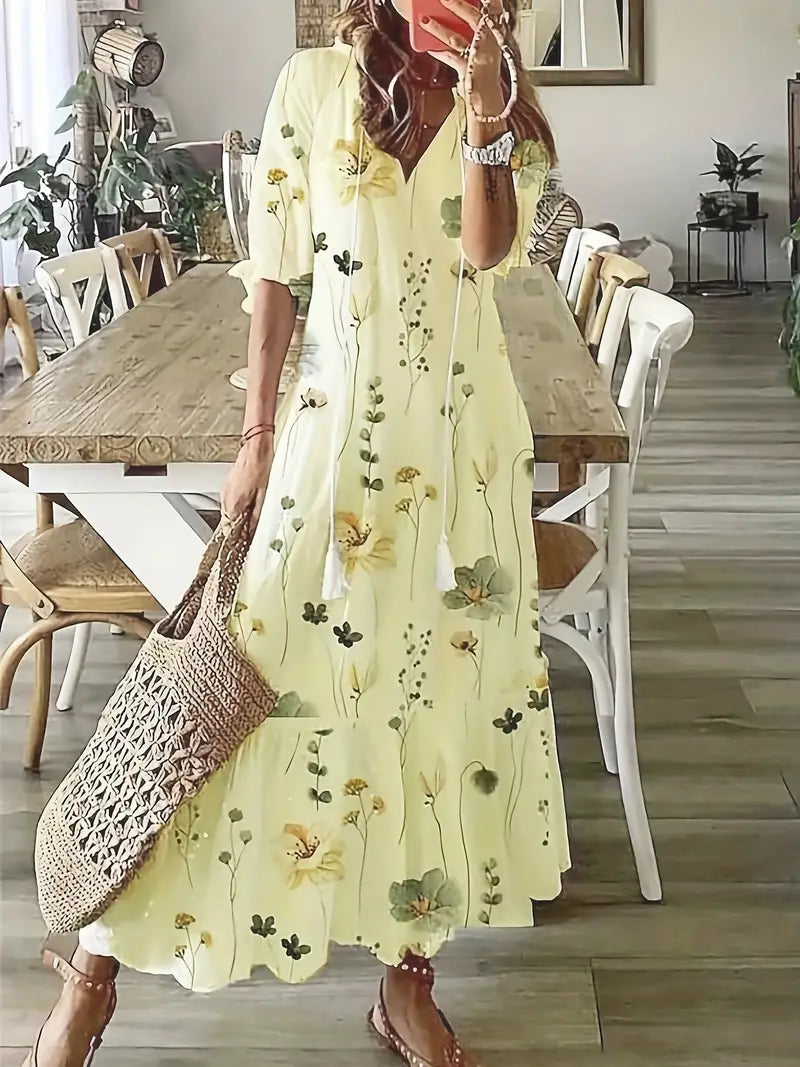 Bohemian Dress Woman Charm – Elegant Summer Dress with Ruffles with V Neck & Ikat Pattern