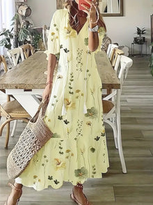 Bohemian Dress Woman Charm – Elegant Summer Dress with Ruffles with V Neck & Ikat Pattern