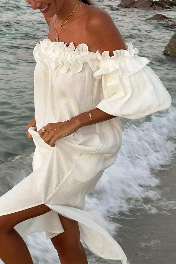 Valentina Maxi Dress Woman – Boho Dress Off-Shoulder Cotton with Ruffles & Bardot Neckline