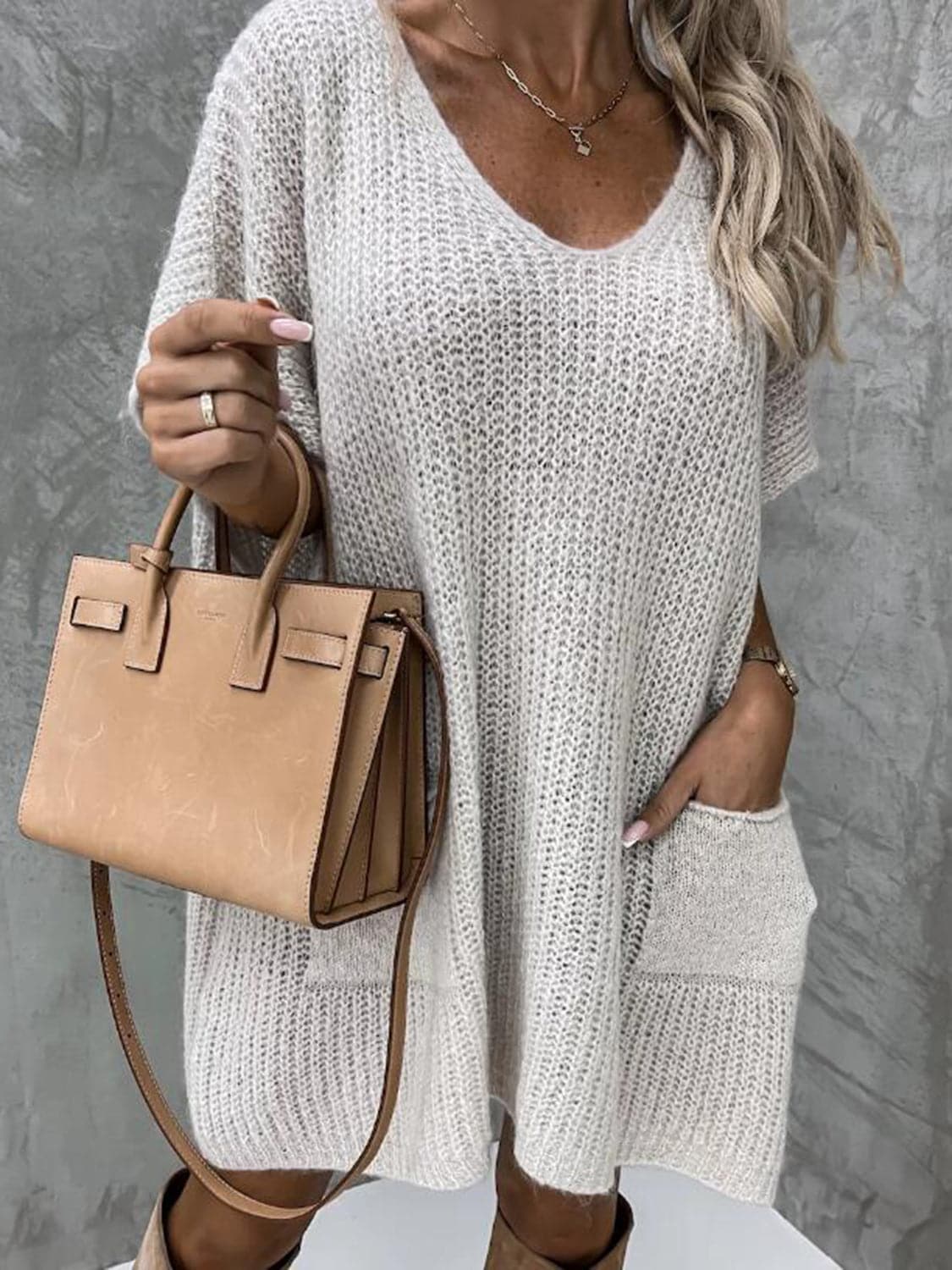 Francesca Knitted Dress for Women – Soft Knit with V-Neck, Relaxed Fit, Short Sleeves and Front Pockets