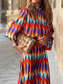 Molly Robe Femme – Elegant Midi Dress with Puff Sleeves, Full Print & High Collar