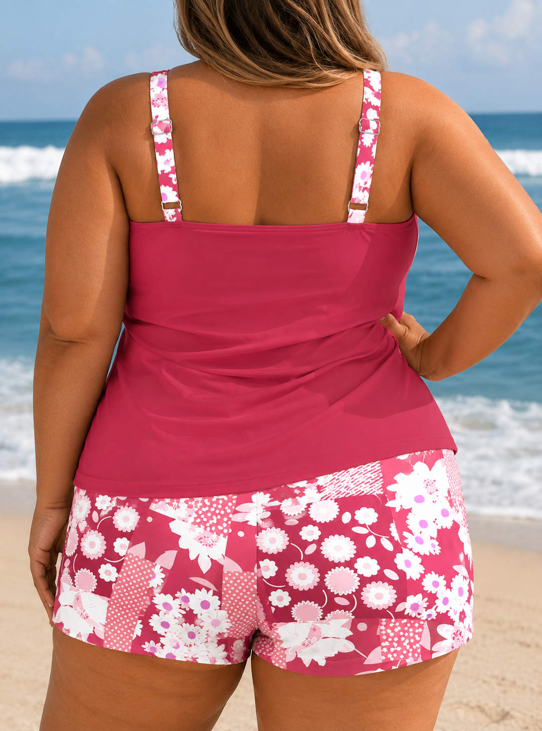 Tankini shorts set in pink with floral print, featuring wide straps and a relaxed fit, worn at the beach.