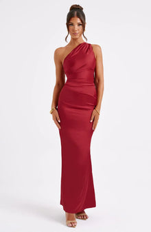 Clara Robe Longue en Satin Femme – Asymmetrical, Fitted & Minimalist Elegance