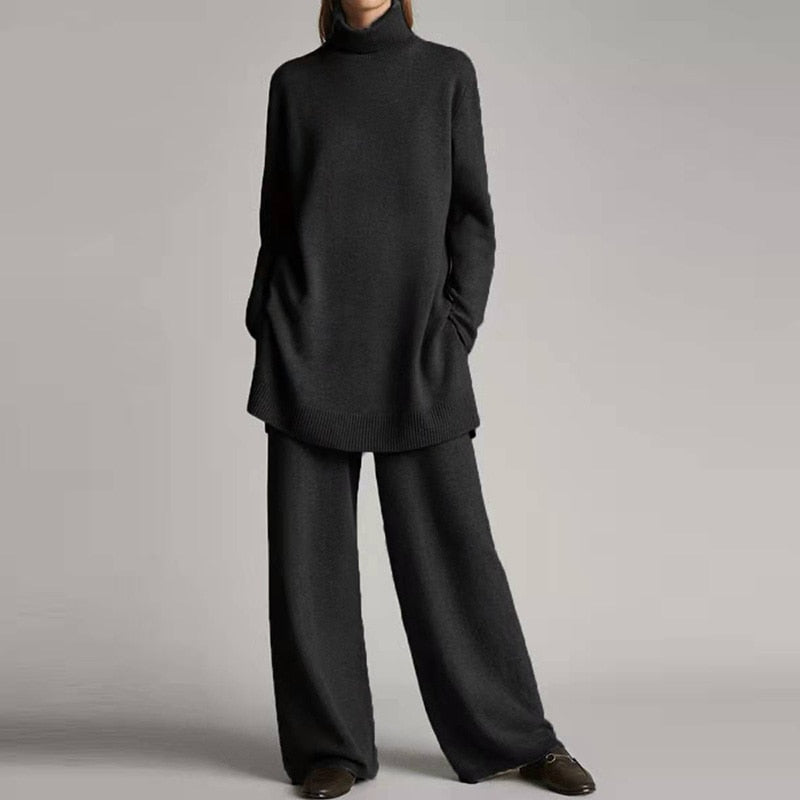 Samantha Ensemble Loungewear in Knit for Women – Soft Turtleneck Top & Flared Pants in Relaxed Fit