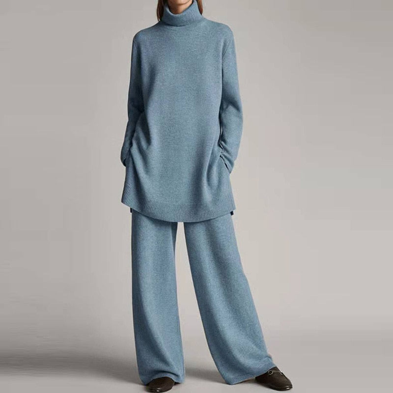 Samantha Ensemble Loungewear in Knit for Women – Soft Turtleneck Top & Flared Pants in Relaxed Fit