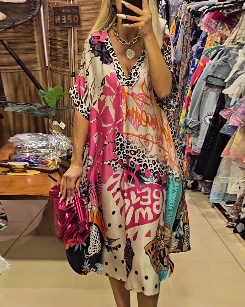 Robe Femme Diana – Elegant Long Dress with Deep V-Neckline, Leopard Print & Airy Cut