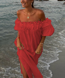 Valentina Maxi Dress Woman – Boho Dress Off-Shoulder Cotton with Ruffles & Bardot Neckline