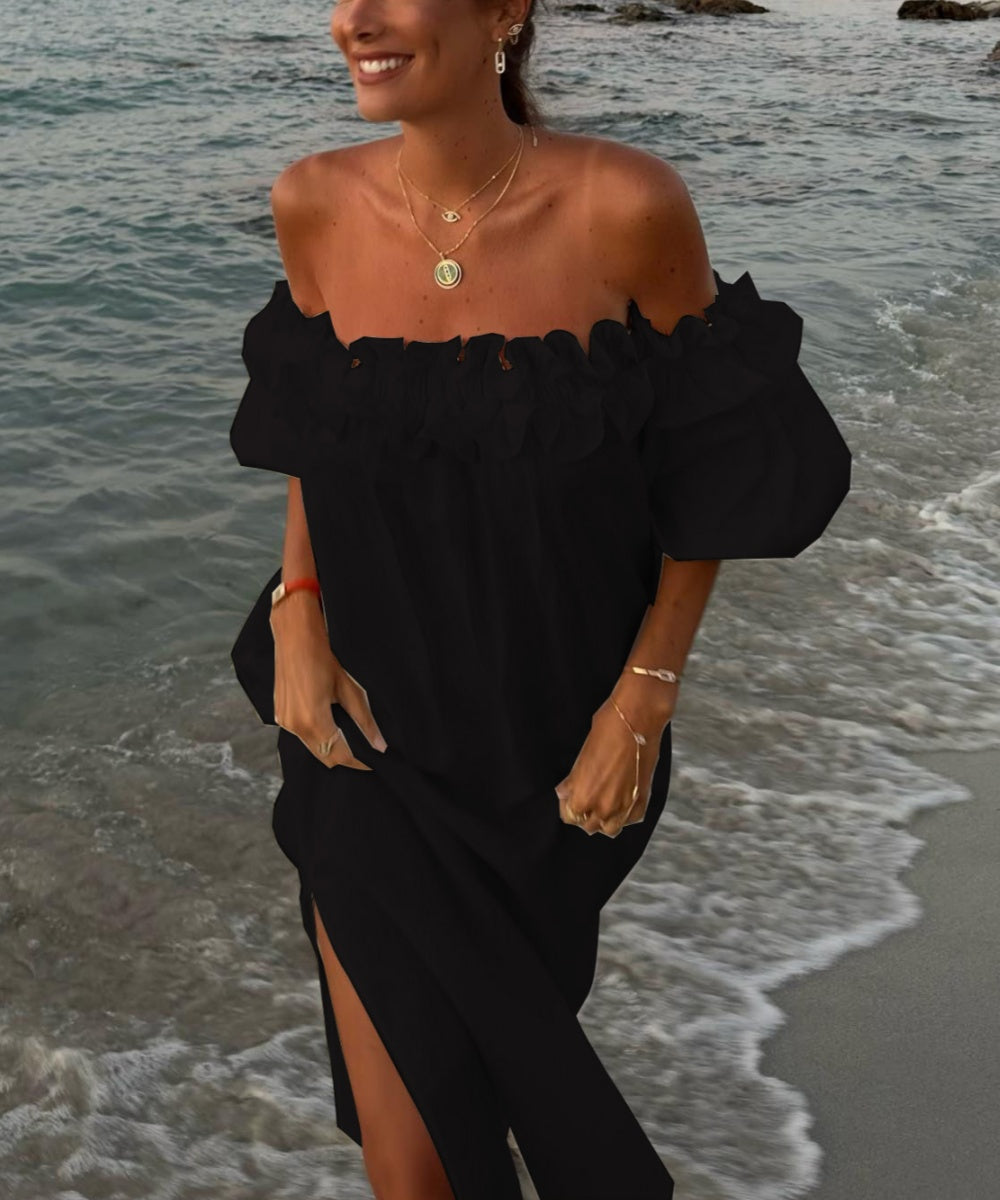 Valentina Maxi Dress Woman – Boho Dress Off-Shoulder Cotton with Ruffles & Bardot Neckline