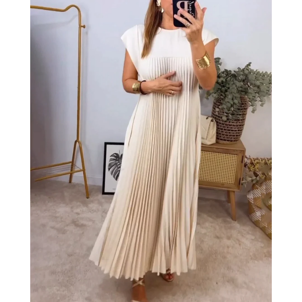Esther Sleeveless Dress Woman – Elegant Plain Pleated Dress for Summer & Chic Outings