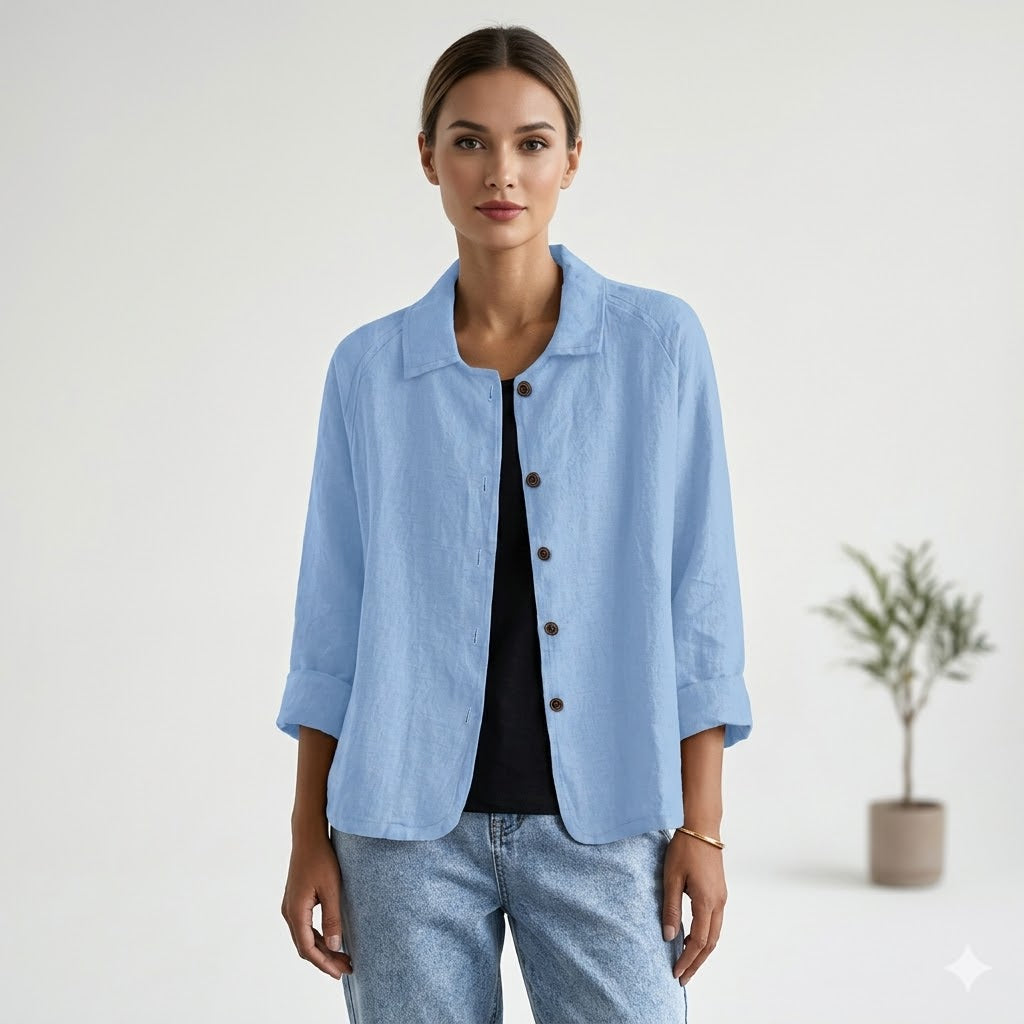 Amélie Rousseau | Sky Breeze Button Linen Jacket with Relaxed Elegance For Women